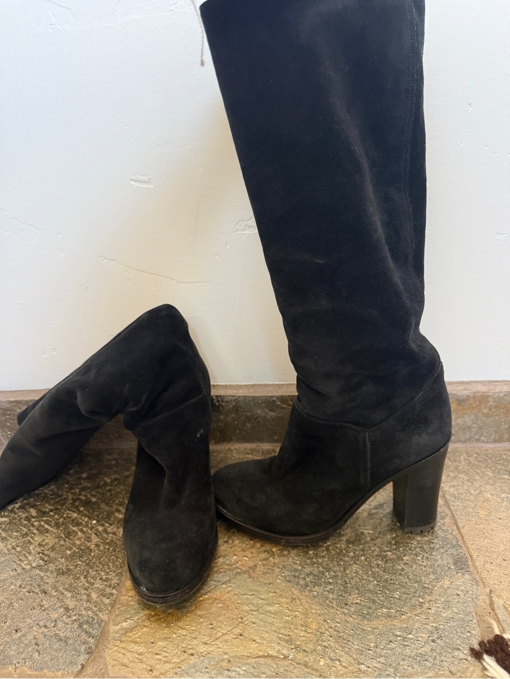 Black Suede Knee-High Block Heel Boots for Women